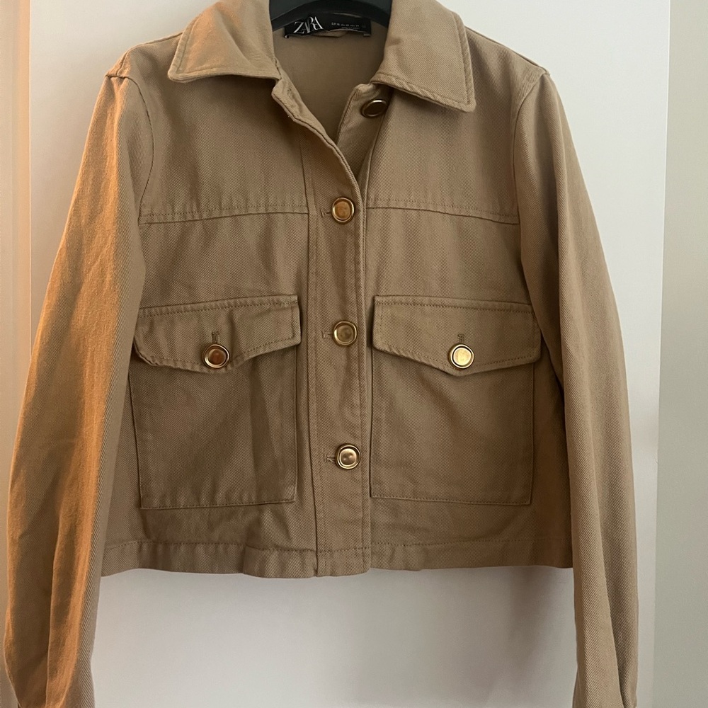 Zara Tan Utility Jacket Cropped Cotton